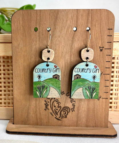 Country Girl Wood Dangle- Sterling Silver