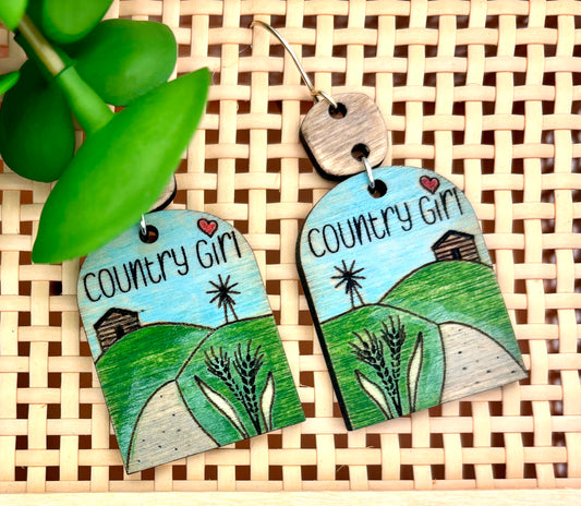 Country Girl Wood Dangle- Sterling Silver