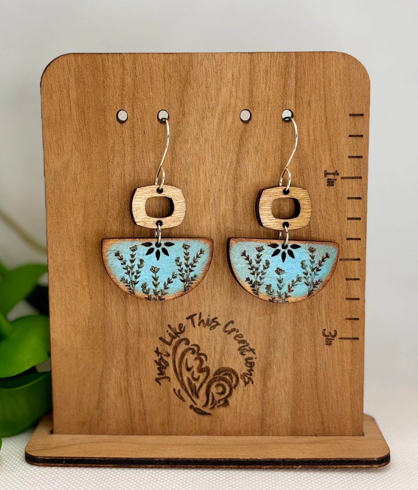 Turquoise Wildflower Wood Dangle- Sterling Silver